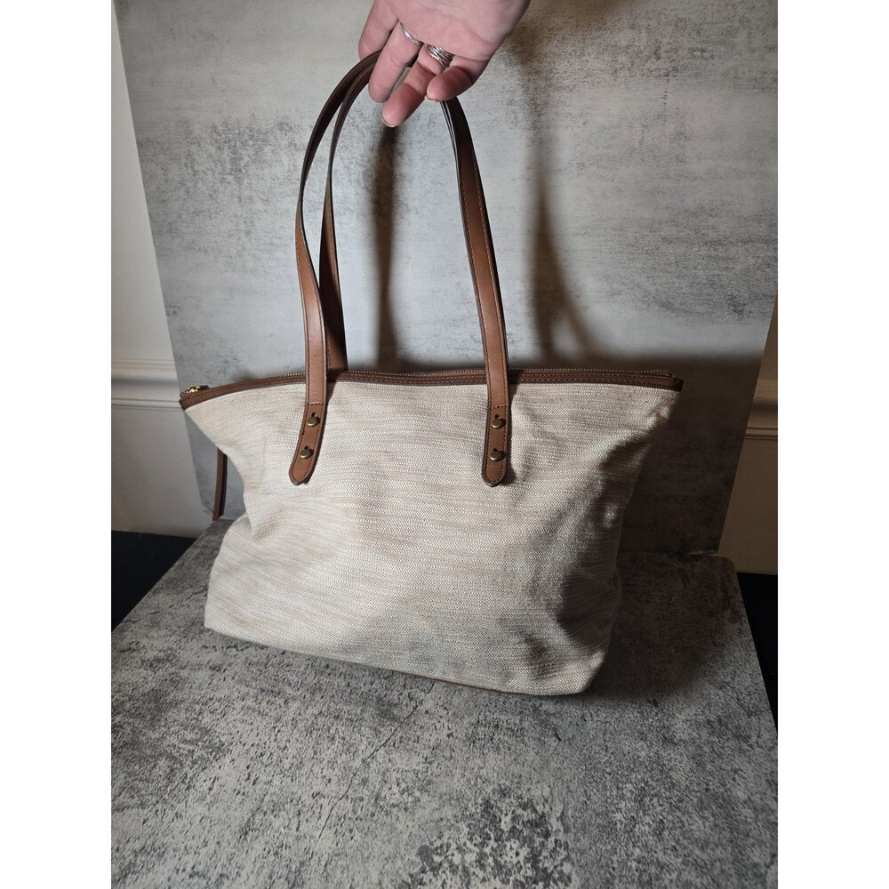 Fossil Sydney Shopper Large Leather Tote Bag Khakis Double Handle